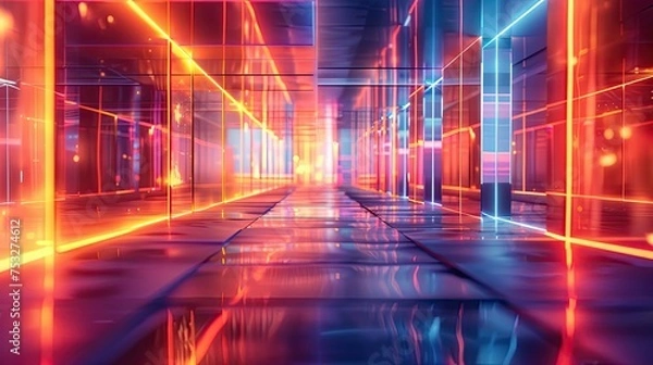 Fototapeta Futuristic corridor illuminated by vibrant neon lights, with a reflective floor and modern design