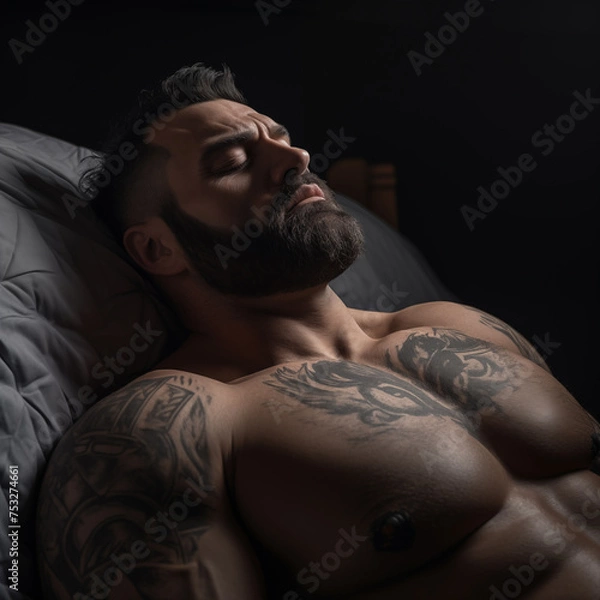 Fototapeta a muscular guy with a beard and tattoos lies on his back in bed and sleeps