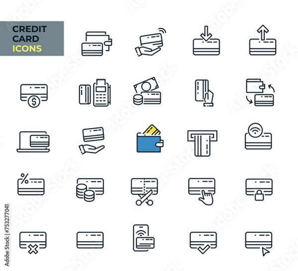 Fototapeta Credit Card web icons in line style. Money, cash, payment, pay pass, collection. Vector illustration