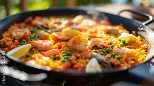 Obraz Paella, brimming with seafood, chicken, and chorizo, mixed with saffron-infused rice, garnished with lemon wedges and peas, served in a traditional wide, shallow pan