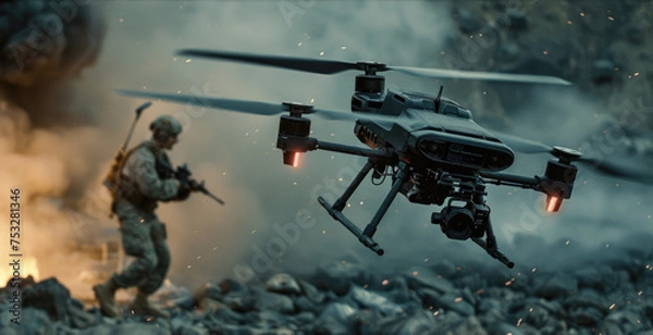 Fototapeta Drone flying on battlefield during war, military modern uav for surveillance on smoke background. Concept of army, intelligence, battle, warfare, strike, technology