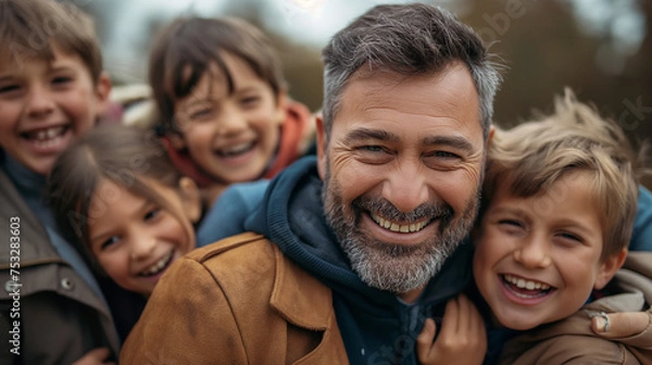 Fototapeta Portrait of father with four small children in group hug outdoor. Generative AI