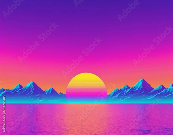 Obraz sunset in mountains, vaporwave