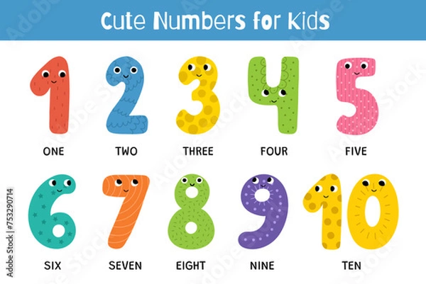 Fototapeta Cute numbers educational set for kids. Funny smiling number characters collection. Poster in cartoon style for school and preschool. Vector illustration