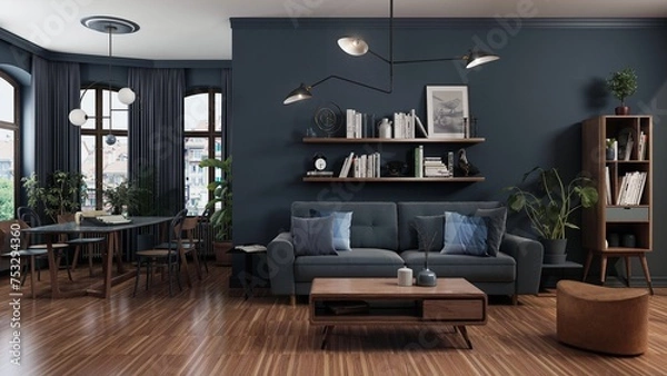 Fototapeta Living room combined with dining room, designed in vintage style. Contemporary furniture was matched with retro elements, creating a cohesive composition with a timeless character. 3D illustration.