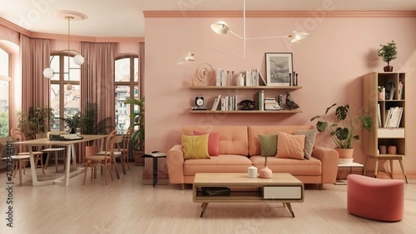 Fototapeta Living room combined with dining room, designed in vintage style. Contemporary furniture was matched with retro elements, creating a cohesive composition with a timeless character. 3D illustration.