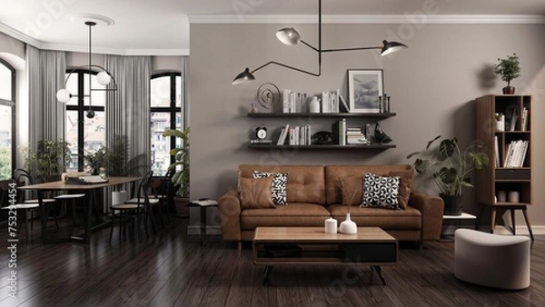 Fototapeta Living room combined with dining room, designed in vintage style. Contemporary furniture was matched with retro elements, creating a cohesive composition with a timeless character. 3D illustration.