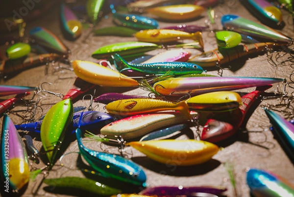 Fototapeta Wide Array of Colorful Fishing Lures with Hooks for Anglers' Tackle