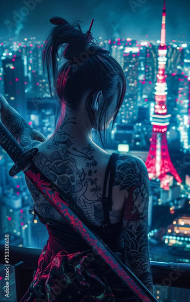 Obraz AI-Generated Image: Beautiful Young Female Samurai with Katana