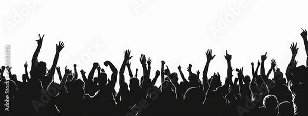 Obraz Silhouette of crowd fans cheering at concert or sport event on white background. Audience with raised hands enjoying music festival or football, soccer, basketball match. Nightlife, entertainment