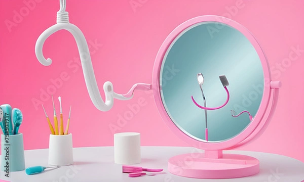 Fototapeta Healthy white teeth are smiling on pink background and dentist tools mirror, hook.