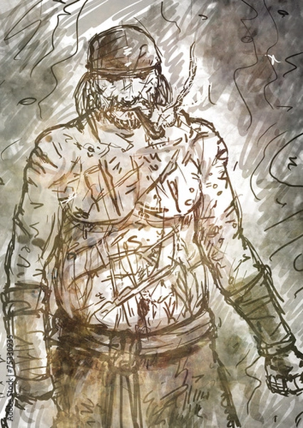 Fototapeta Half-naked Old Pirate with a Pipe