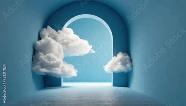 Fototapeta Abstract minimal blue background with blue clouds flying out the tunnel	
