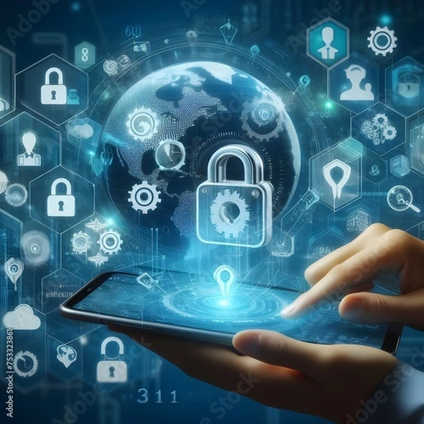 Obraz Wallpaper Illustration and background of cyber security data protection shield, with key lock security system, technology digital. Front view. Concept of database security software. 	