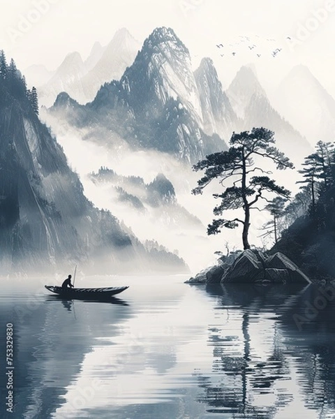 Obraz Man in a rowboat on a calm lake surrounded by mountains.