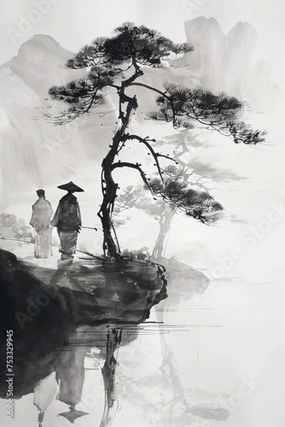Obraz Samurai Couple Under a Tree in the Mist