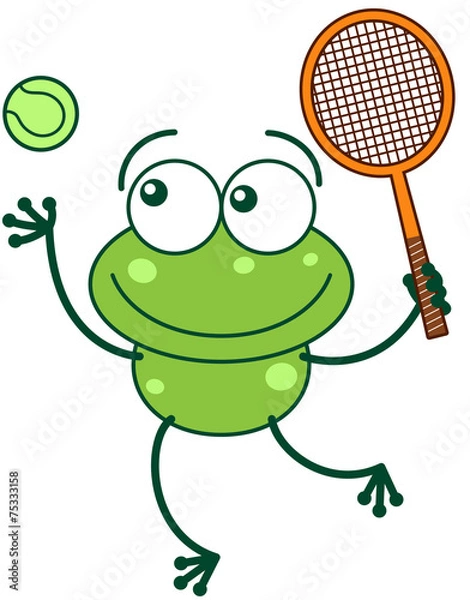 Fototapeta Green frog playing tennis and preparing for serving
