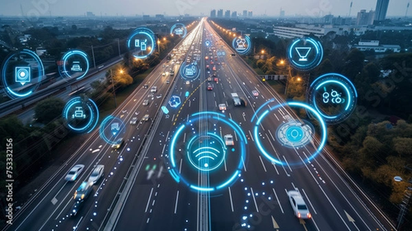 Fototapeta Social infrastructure and communication technology concept. IoT Internet of Things, Autonomous transportation. top view of the highway with floating icons around, self-driving cars on the road