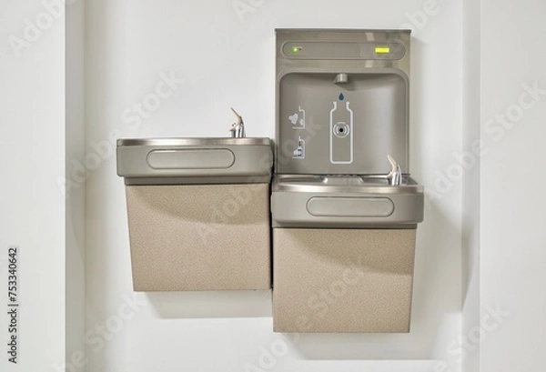 Fototapeta Water bottle refilling station with twin drinking fountains isolated by a plain white wall. Touchless automated eco friendly technology.