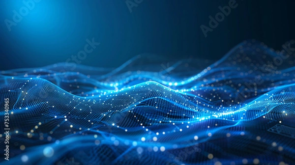 Fototapeta Abstract blue tech background with digital waves, network system with artificial neural connections and cyber quantum computing