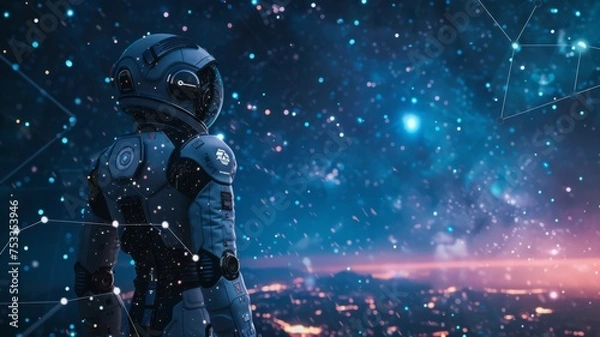 Fototapeta Futuristic robot gazing at starry cosmos - A lifelike robot in space suit looks out to a star-filled universe with digital connections, evoking advanced technology and exploration