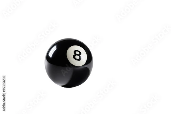 Obraz Black 8 ball, isolated full view, high-key lighting, stark white background, defining shadow beneath, gloss finish reflecting a soft overhead light, stock photo, ultra clear