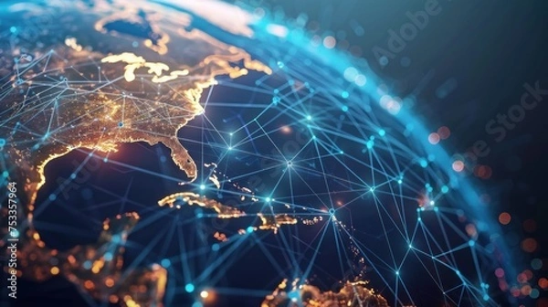 Obraz Abstract Background with interconnected glowing lines surrounding the globe. Generative AI.