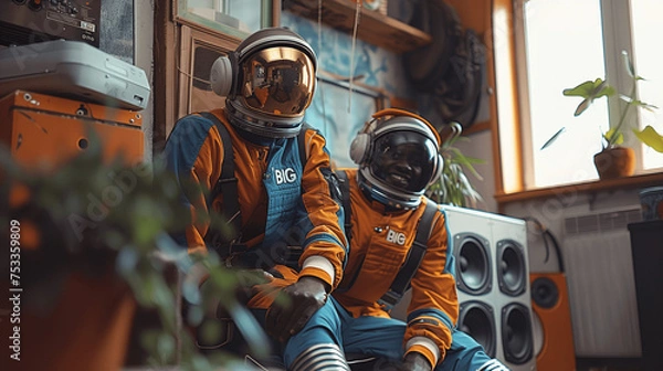 Fototapeta Two Astronauts Enjoying Music Indoors