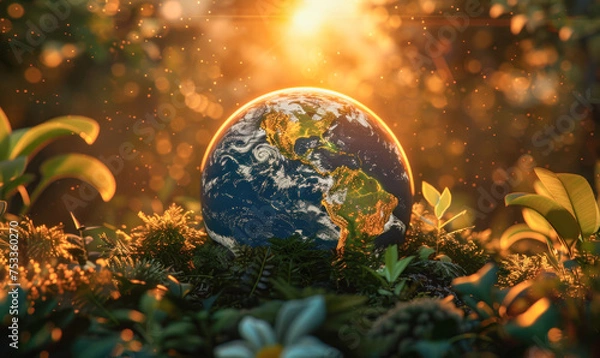 Fototapeta A small blue and white planet is surrounded by a lush green forest. The planet is the center of attention, and the surrounding foliage creates a sense of harmony and balance