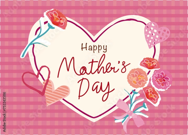 Obraz 母の日 ハートとカーネーションの花　ピンクのチェックのバナーや広告用素材