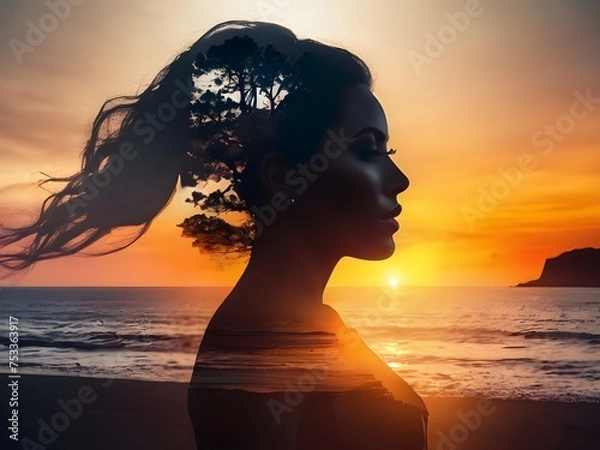 Fototapeta A beautiful double exposure that combines an goddess silhouette with sunset coast, sunset coast, underlying backdrop, with its details incorporated into the goddess Generative AI