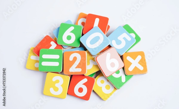 Fototapeta Number wood block cubes for learning Mathematic, education math concept.