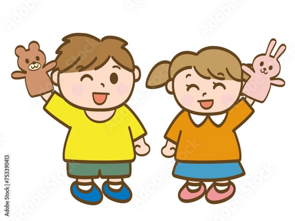 Fototapeta  動物のパペットで遊ぶ男の子と女の子の全身イラスト_小学生低学年_幼児