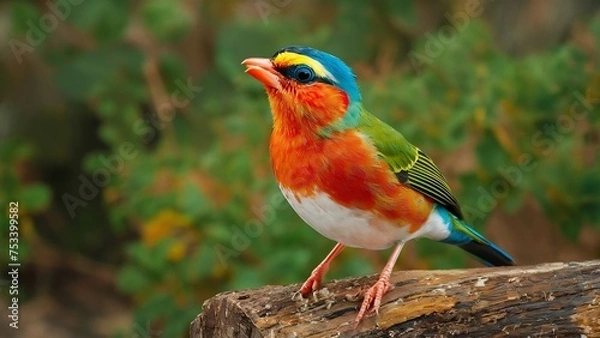 Obraz Follow bird beneath canopy tropical paradise whose feathers equal vibrant blossoms far-off flowers. flits among the trees, plumage,  symphony pinks, oranges, and purples, creates a spectacle color.