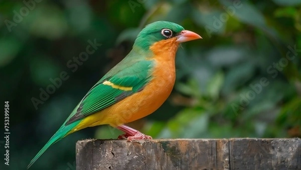 Fototapeta Follow bird beneath canopy tropical paradise whose feathers equal vibrant blossoms far-off flowers. flits among the trees, plumage,  symphony pinks, oranges, and purples, creates a spectacle color.