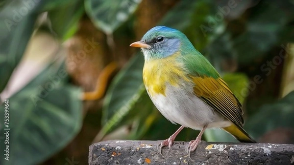 Fototapeta Follow bird beneath canopy tropical paradise whose feathers equal vibrant blossoms far-off flowers. flits among the trees, plumage,  symphony pinks, oranges, and purples, creates a spectacle color.