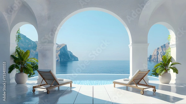 Fototapeta A pool with chairs, a potted tree, and a view of the ocean.