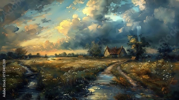 Fototapeta landscape cottage in flower field in the countryside moody vintage farmhouse style wall art or painting