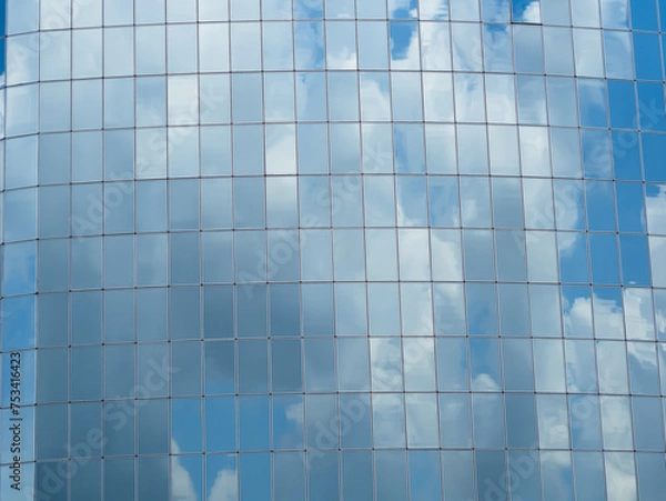 Fototapeta Blue sky with clouds reflected in glass windows of skyscraper