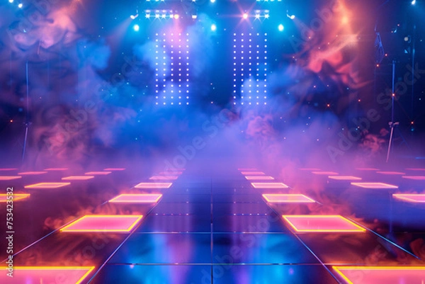 Fototapeta Discotheque dance floor with vibrant lights and fog for a night party