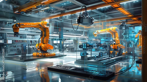 Obraz Smart factory - Industry 4.0 - Advanced automation - Machinery - Robotics - Futuristic industrial setting - Innovation - Engineering - Technological advancements - AI generated.