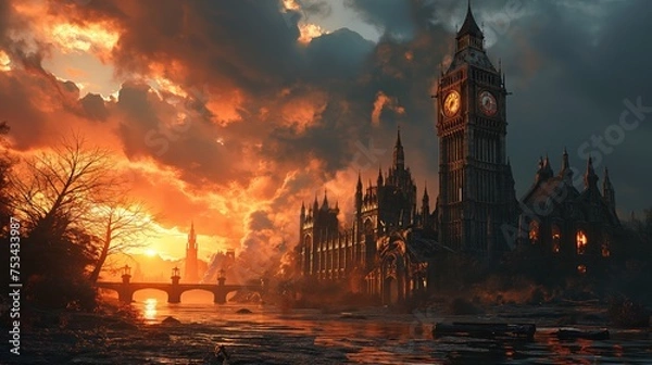Fototapeta The End of the World Apocalyptic, destroyed London, epic scene. Created with Generative AI.