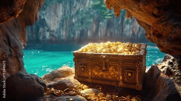 Fototapeta treasure chest with shiny gold in a cave. Created with generative AI.