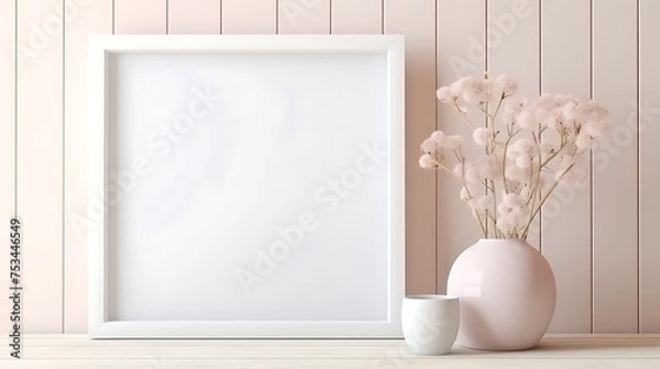 Fototapeta Mockup frame close up in coastal interior background, room in light pastel colors. AI generated
