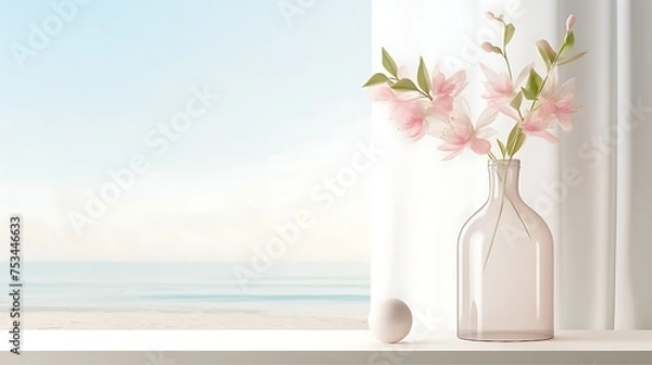 Fototapeta Mockup frame close up in coastal interior background, room in light pastel colors. AI generated