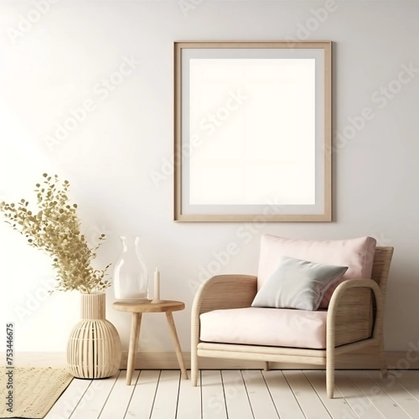 Fototapeta Mockup frame close up in coastal interior background, room in light pastel colors. AI generated