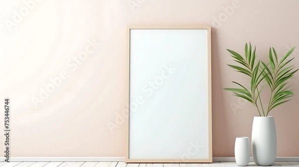 Fototapeta Mockup frame close up in coastal interior background, room in light pastel colors. AI generated