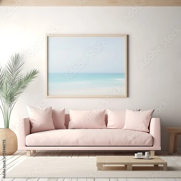 Fototapeta Mockup frame close up in coastal interior background, room in light pastel colors. AI generated