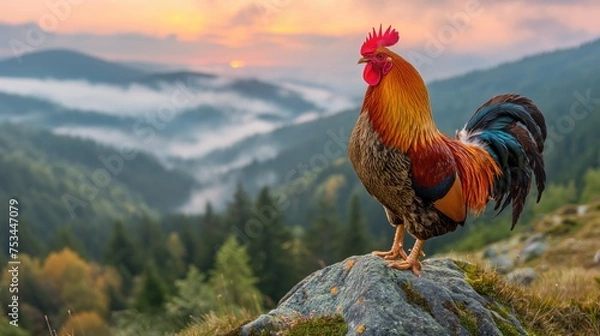 Obraz rooster crows in the morning. Created with generative AI.