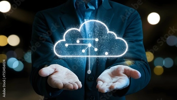 Obraz A man holding a holographic cloud imagery symbolizing cloud computing and data network